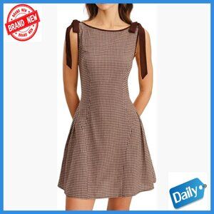 Cotton A-Line Midi Dress Boat Neck Sleeveless Casual Vintage Plaid